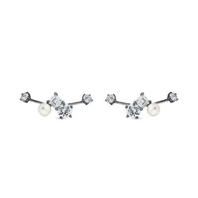 Sally Skoufis Women's Black / White Eclipse Ear Jacket With Natural White Pearl & Man Made Cz Diamond Stimulant In In Multi