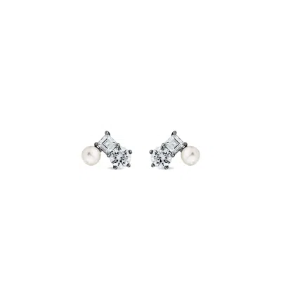 Sally Skoufis Women's Black / White Eclipse Stud Earrings With Natural White Pearls & Man Made Cz Diamond Stimulan In Multi