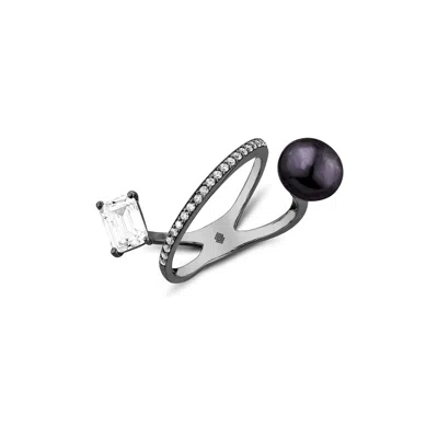 Sally Skoufis Women's Black / White New Moon Ring With Natural Black Pearl & Man Made Cz Diamond Stimulant In Ster In Multi