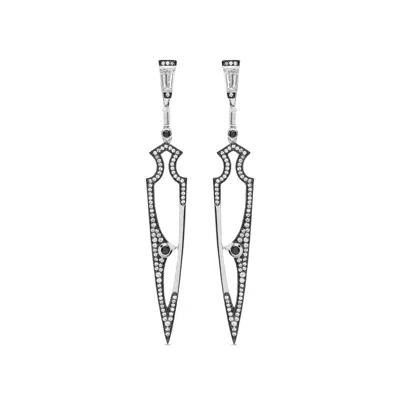Sally Skoufis Women's Black / White / Silver Shield Earrings With Natural Black Diamond & Man Made White Cz Diamon In Multi
