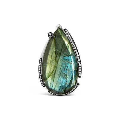 Sally Skoufis Women's Blue / Green / Silver Surrender Ring With Natural Black Diamond & Labradorite In Platinum In Multi
