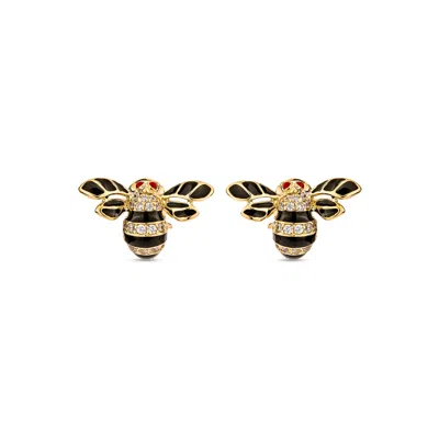 Sally Skoufis Women's Gold / Black / White Queen Bee Earrings With Man Made Cz Diamond Stimulant & Black Enamel In In Multi