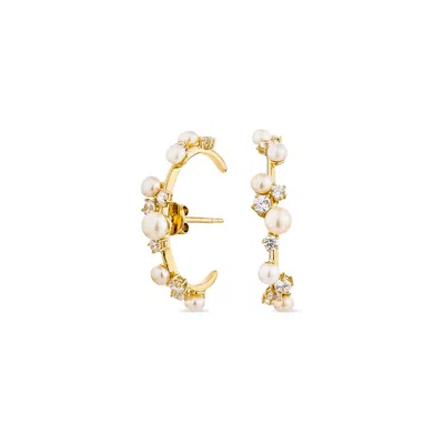 Sally Skoufis Women's Gold / White Eclipse Earrings With Natural White Pearls & Man Made Cz Diamond Stimulant In S In Multi