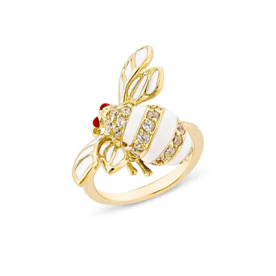 Sally Skoufis Women's Gold / White Queen Bee Ring With Man Made Cz Diamond Stimulant & Ivory Enamel In 18k Gold Ve In Multi