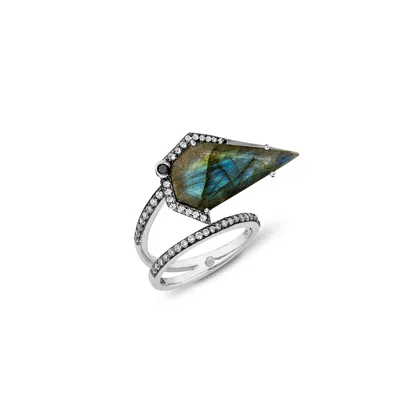Sally Skoufis Women's Green / Silver / Blue Blade Ring With Natural Black Diamond & Labradorite In Platinum In Multi