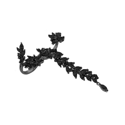 Sally Skoufis Women's Renaissance Double Finger Ring With Man Made Black Cz Diamond Stimulant In Premium Black Rho