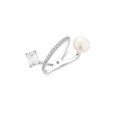 Sally Skoufis Women's Silver / White New Moon Ring With Natural White Pearl & Man Made Cz Diamond Stimulant In Ste In Multi