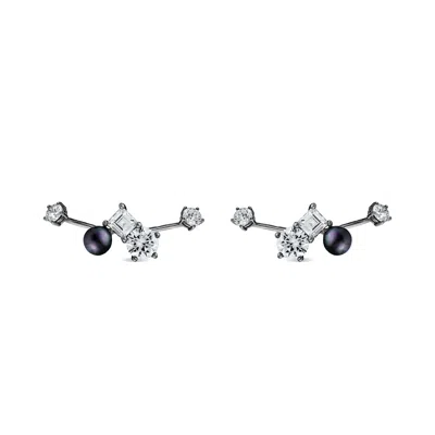 Sally Skoufis Women's White / Black Eclipse Ear Jacket With Natural Black Pearls & Man Made Cz Diamond Stimulant I In Multi