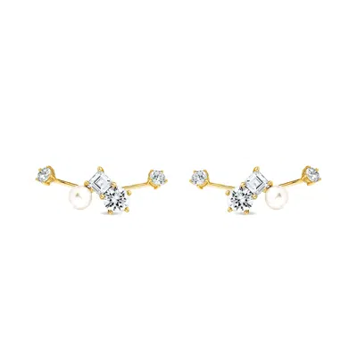 Sally Skoufis Women's White / Gold Eclipse Ear Jacket With Natural White Pearls & Man Made Cz Diamond Stimulant In In Multi