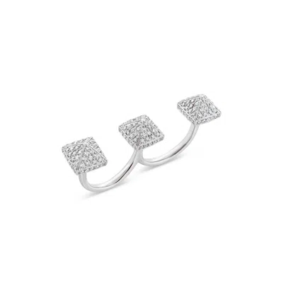 Sally Skoufis Women's White / Silver Pyramid Double Finger Ring With Man Made Cz Diamond Stimulant In Sterling Sil In Multi