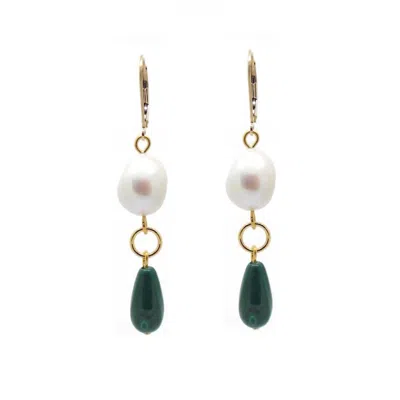 Salome Women's Green / White / Gold Penelope Malachite & Baroque Pearl Earrings
