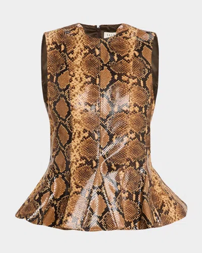 Salon 1884 Izabel Snake-embossed Leather Peplum Top In Sepia Python Print