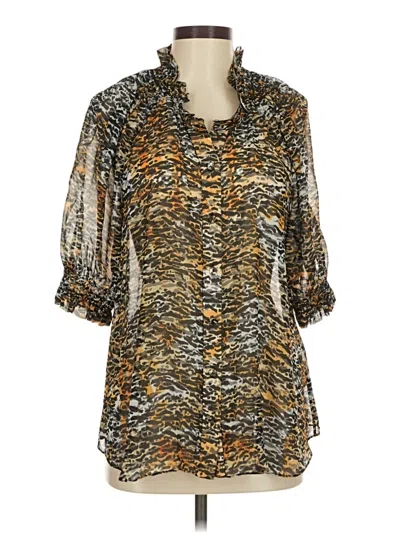 Pre-owned Saloni 3/4 Sleeve Silk Top Gold Animal Print Pattern Cowl Neck Tops