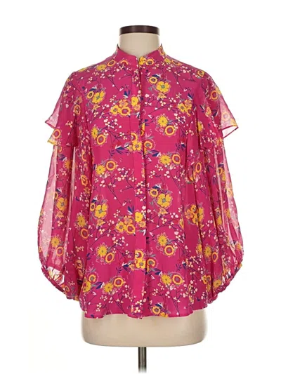 Pre-owned Saloni 3/4 Sleeve Silk Top Pink Floral Pattern Mock Neckline Tops