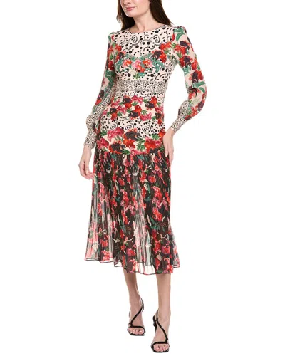 Saloni Accordion Pleated Drop-waist Silk Midi Dress In Multi