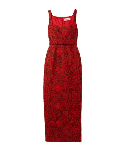 Saloni Belted Brocade Gown In Red