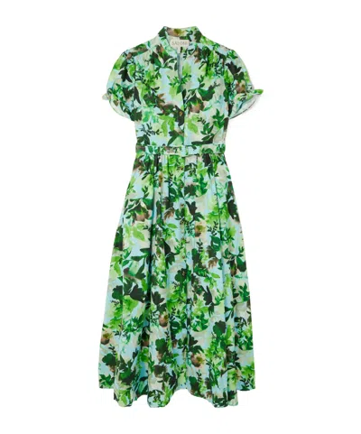 Saloni Belted Printed Cotton Midi Dress In Green