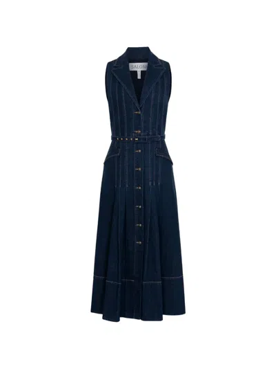 Saloni Belted Sleeveless Dress In Blue
