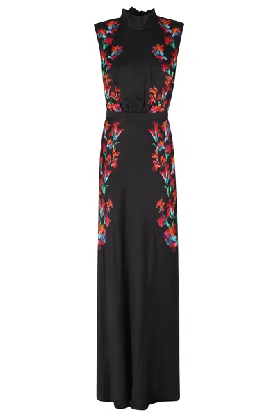 Saloni Black Fleur High-neck Floral Print Viscose Maxi Dress In Multi
