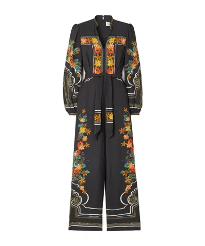 Saloni Bryce Belted Printed Crepe Jumpsuit In Black