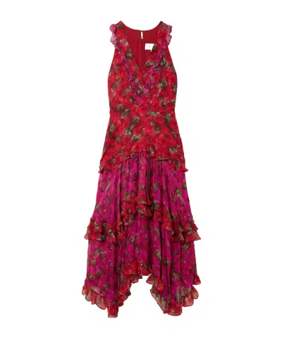 Saloni Jolie Tiered Floral-print Chiffon And Crepon Maxi Dress In Pink