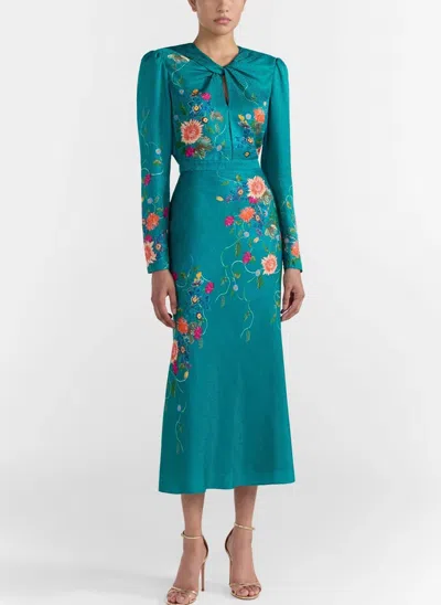 Saloni Claudia Floral Midi Dress In Peacock In Blue