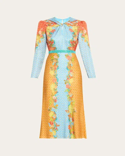 Saloni Claudia Floral Silk Long-sleeve Fluted Midi Dress In Florentina Cloud
