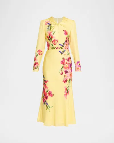 Saloni Claudia Floral Silk Long-sleeve Fluted Midi Dress In Yellow