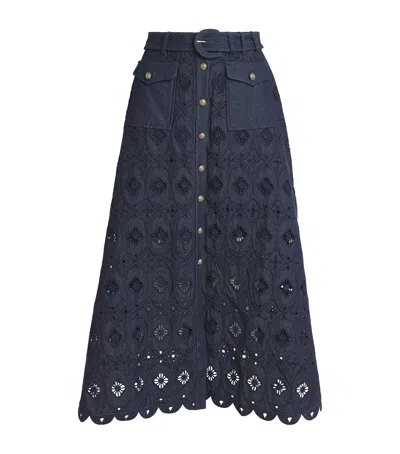 Saloni Denim Embroidered Kali Midi Skirt In Blue
