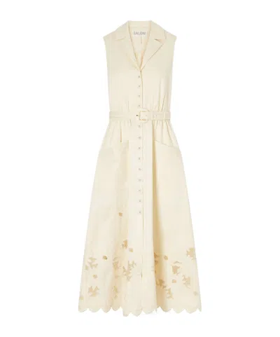 Saloni Kirat Belted Scalloped Embroidered Poplin Midi Dress In Neutral