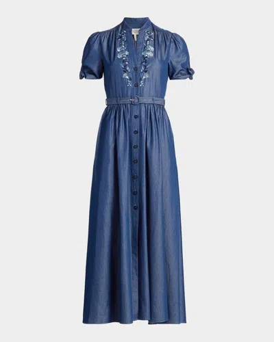 Saloni Ena Floral-embroidered Cotton-blend Midi Shirtdress In Blue