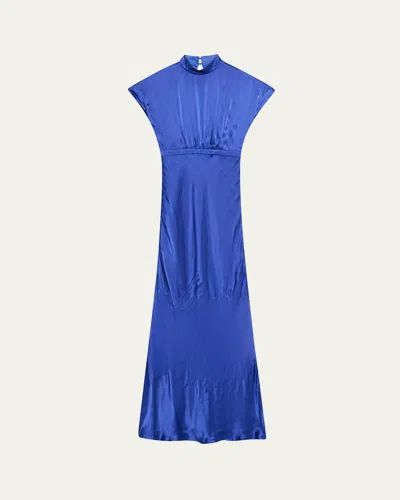 Saloni Fabienne Silk Long Dress In 878-azure Brushstroke Plmt