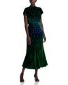 Saloni Fabienne Gathered Printed Velvet Midi Dress In Green