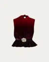 Saloni Fleur Belted High-neck Velvet Top In Red