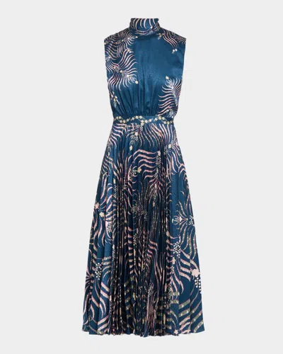 Saloni Fleur Pleated Satin Sleeveless Midi Dress In Blue