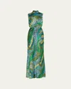 Saloni Fleur Printed High-neck Dress In Green
