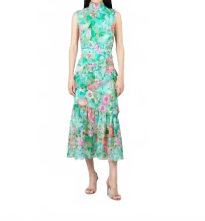 Saloni Fleur Ruffle Dress In Papaver Watercolour In Green