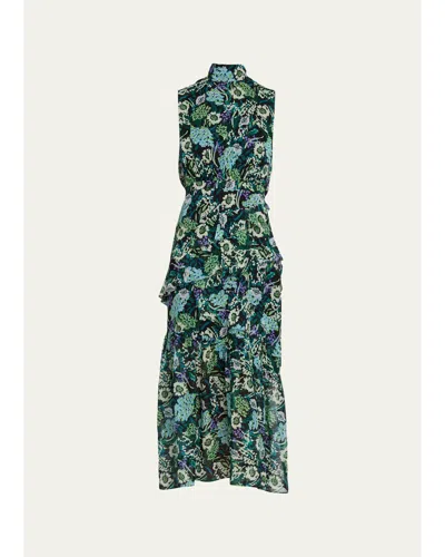 Saloni Fleur Silk Sleeveless Tiered-ruffle Midi Dress In Multi