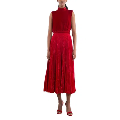 Saloni Fleur Velvet High Neck Dress In True Red