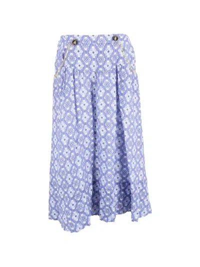 Pre-owned Saloni Floral-embroidered Midi Skirt In Blue