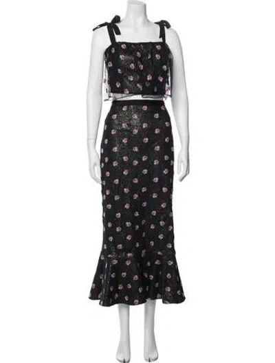 Pre-owned Saloni Floral Print Glitter Accents Skirt Set In Black