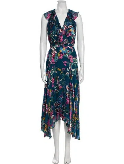 Pre-owned Saloni Floral Print Long Dress In Blue