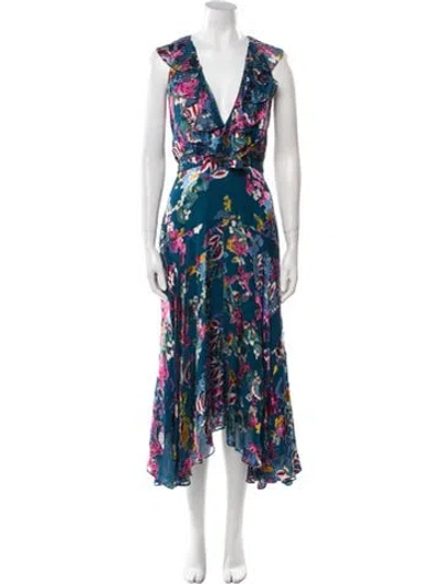 Pre-owned Saloni Floral Print Long Dress In Blue