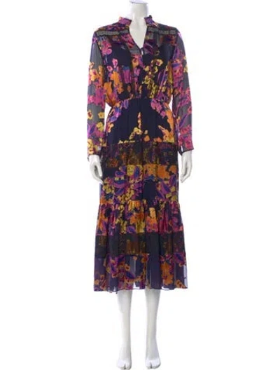 Pre-owned Saloni Floral Print Long Dress In Blue