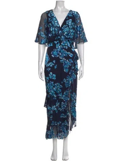 Pre-owned Saloni Floral Print Long Dress In Blue