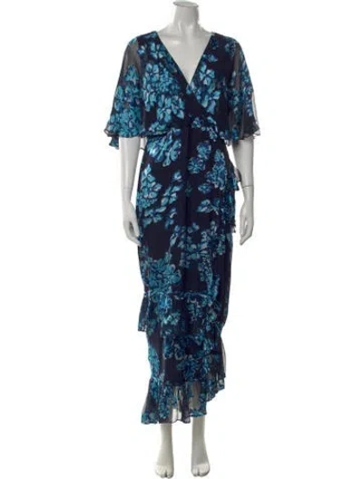 Pre-owned Saloni Floral Print Long Dress In Blue
