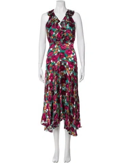 Pre-owned Saloni Floral Print Long Dress In Green