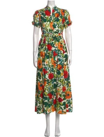 Pre-owned Saloni Floral Print Long Dress In Green/neutrals