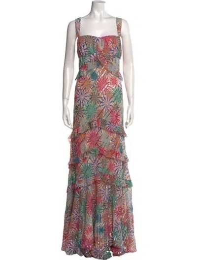Pre-owned Saloni Floral Print Long Dress In Neutral