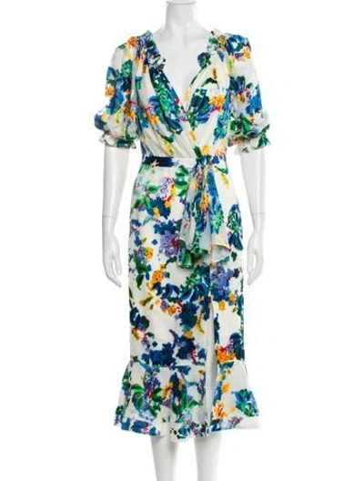 Pre-owned Saloni Floral Print Long Dress In White